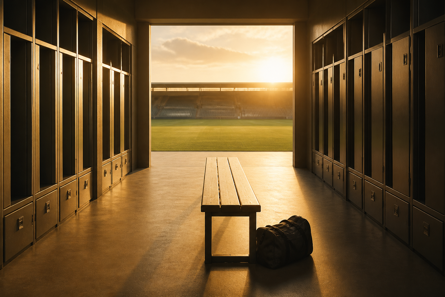 An empty stadium locker-room corridor prepared for a selection conversation