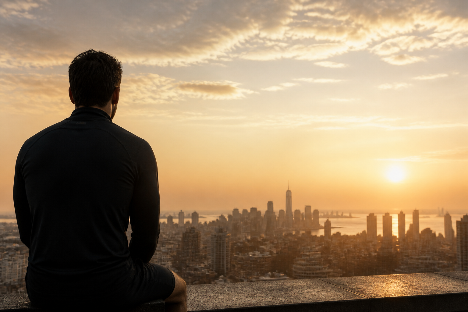 An athlete looking over a city at sunrise after completing his training