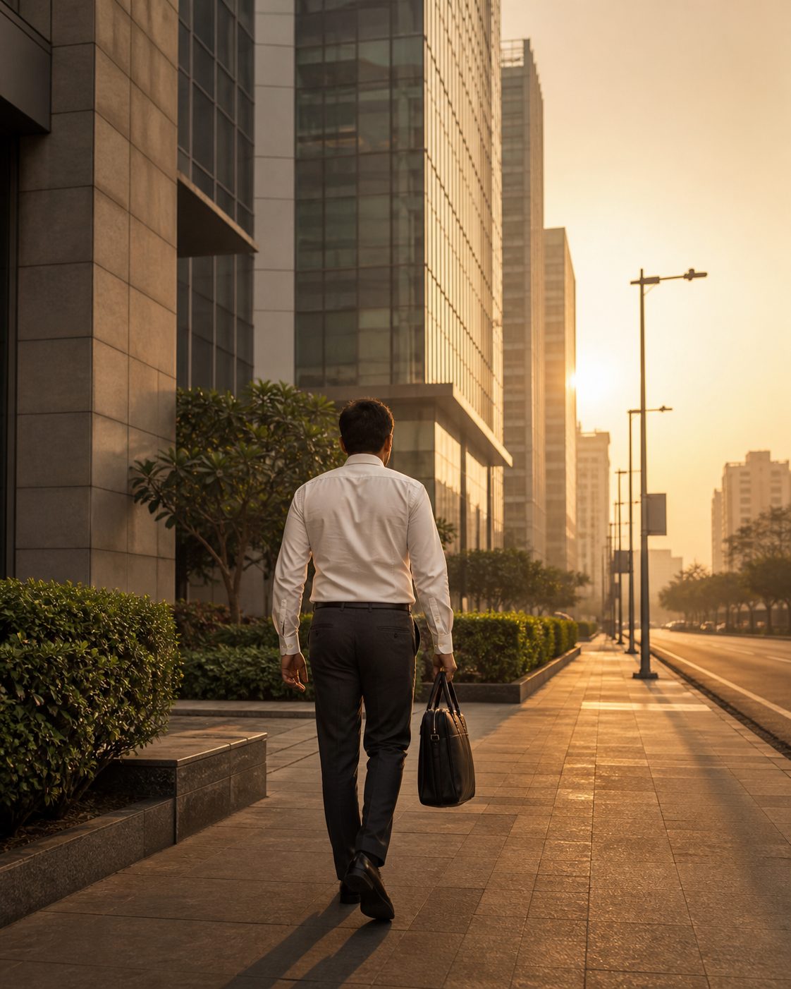 An Indian executive walking toward work on Monday morning