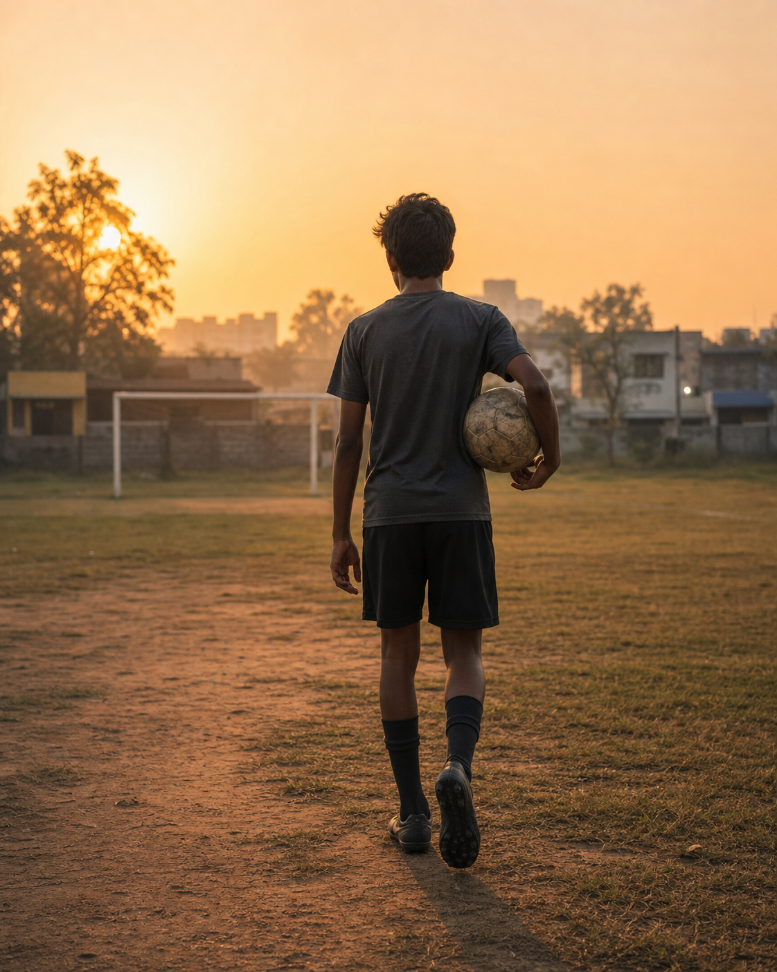 An Indian teenage player walking toward an early-morning football practice