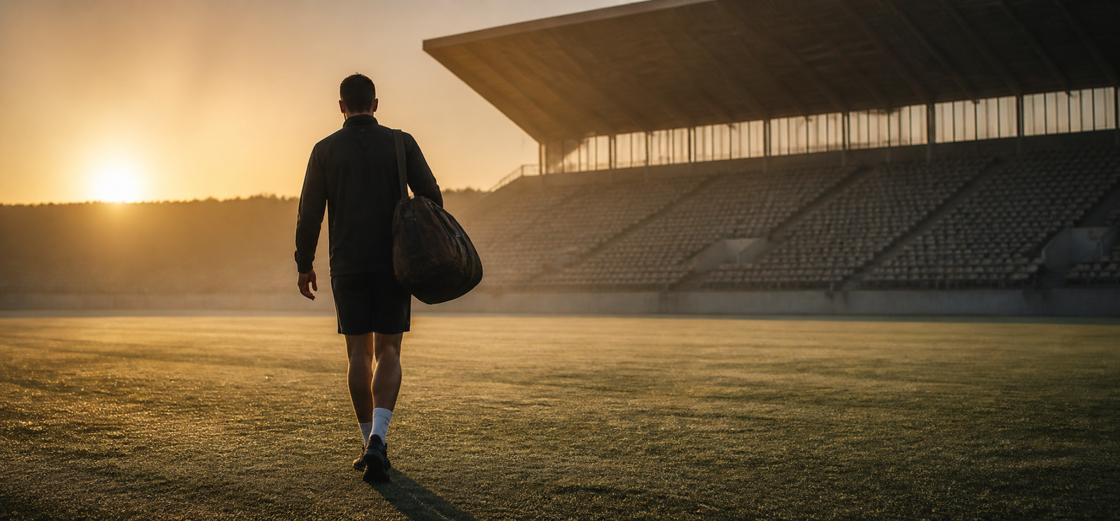 A man carrying his training bag toward the morning light