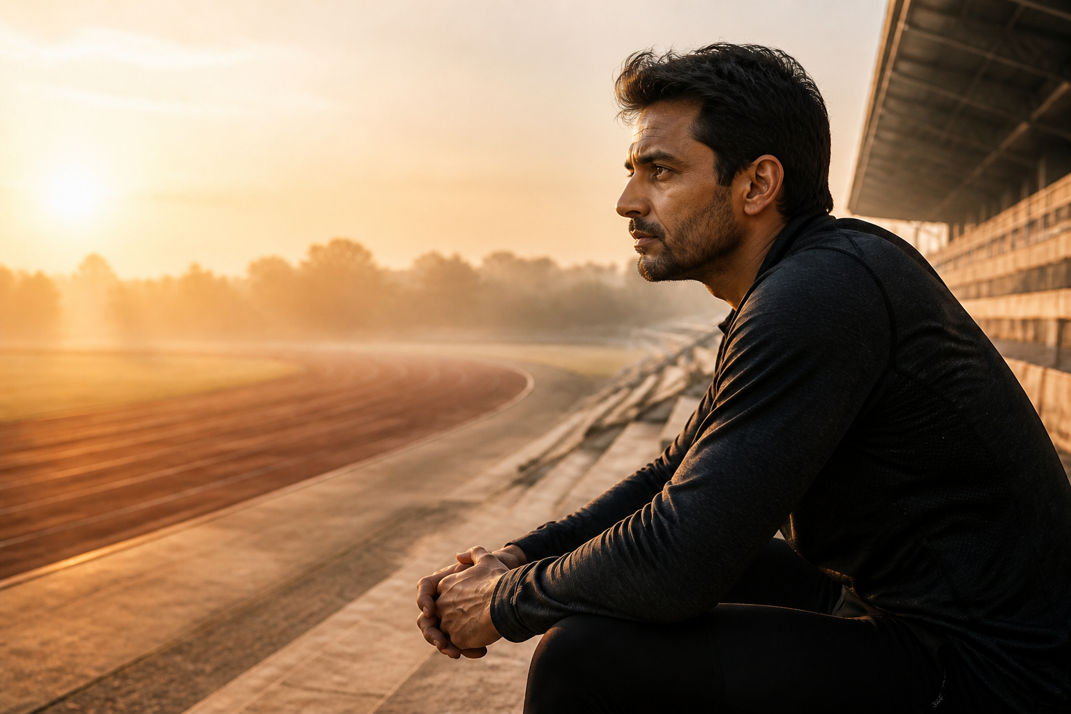 An Indian man sitting beside an empty training field at dawn