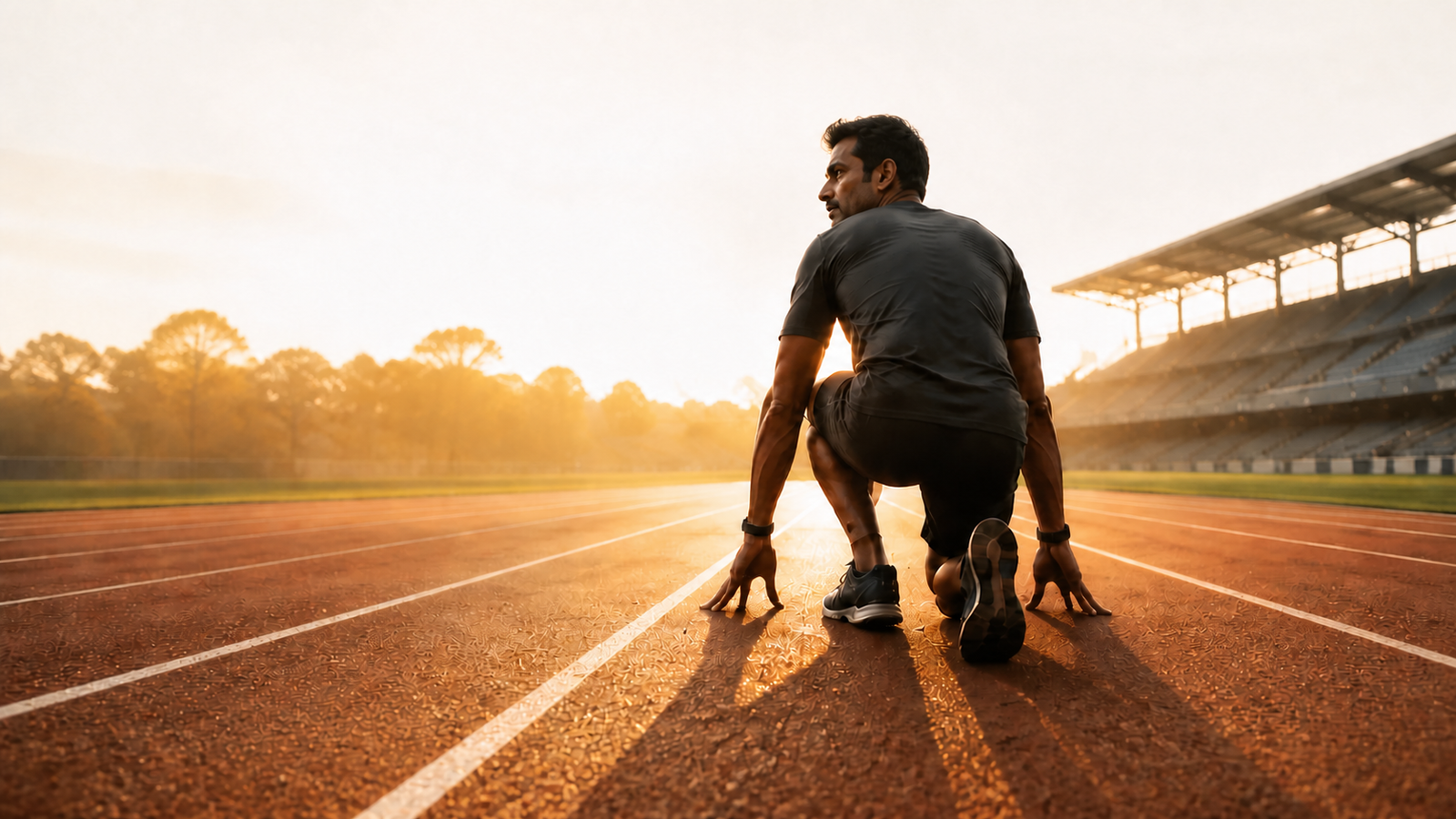 An Indian man crouched at the starting line of an empty track at dawn