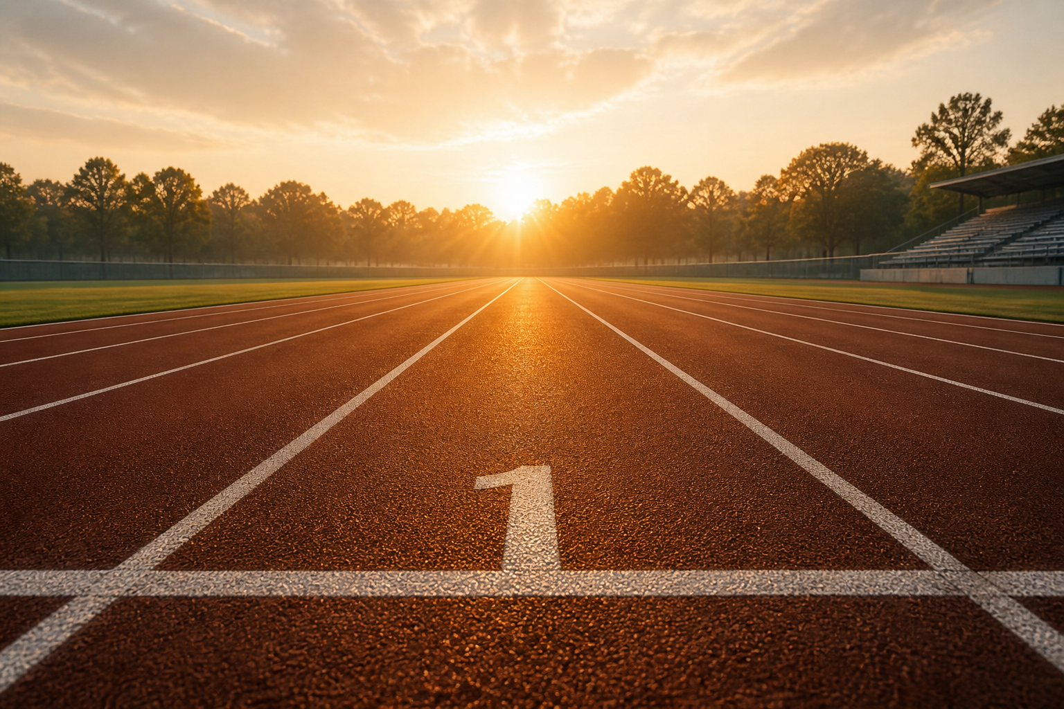 Lane one at the starting line of an empty track at sunrise