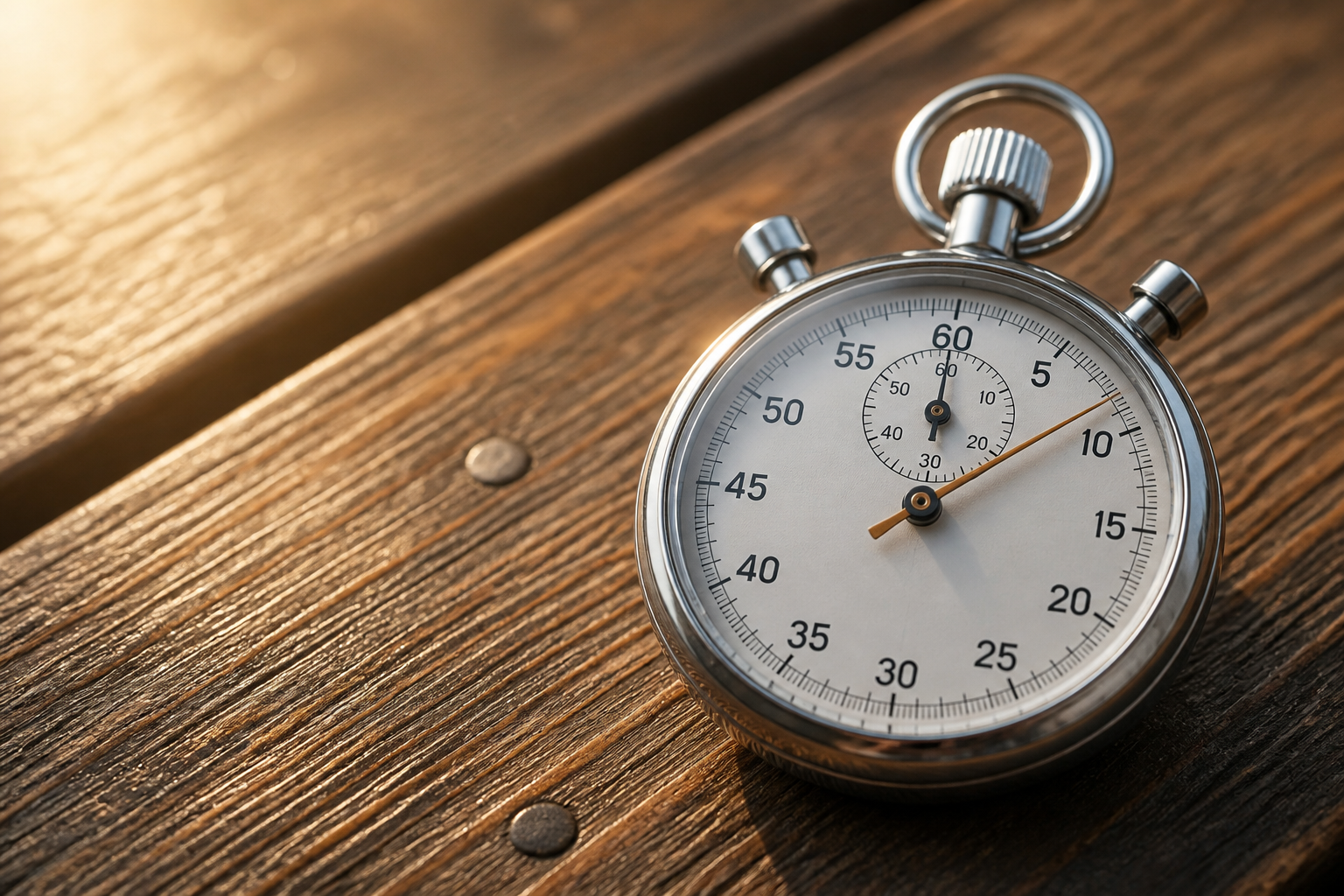 A stopwatch resting on a wooden bench